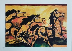 Horse Series, Serigraph on Paper, Black, Yellow by Modern Artist M.F. Husain