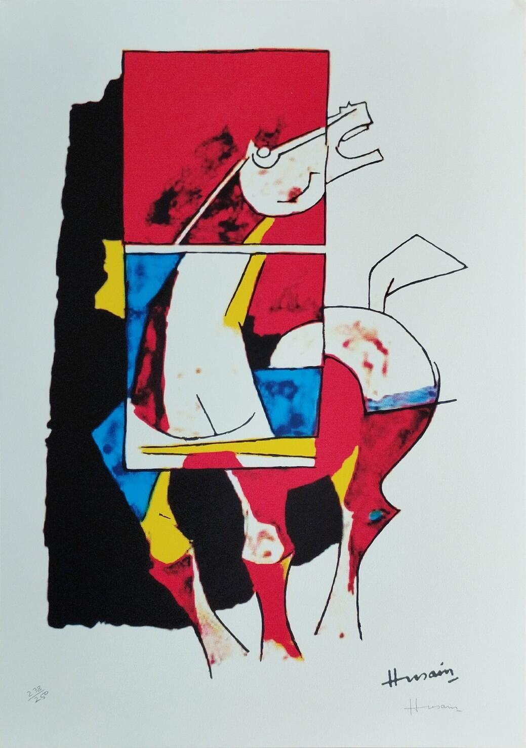 Serie Pferd, Serigrafie auf Papier, Blau, Rot, Gelb von modernem Künstler M.F. Husain