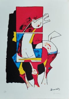 Horse Series, Serigraph on Paper, Blue, Red, Yellow by Modern Artist M.F. Husain