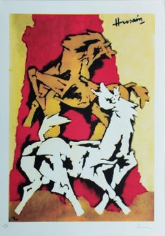 Serie di cavalli, serigrafia su carta, rosso, giallo dell'artista moderno M.F. Husain