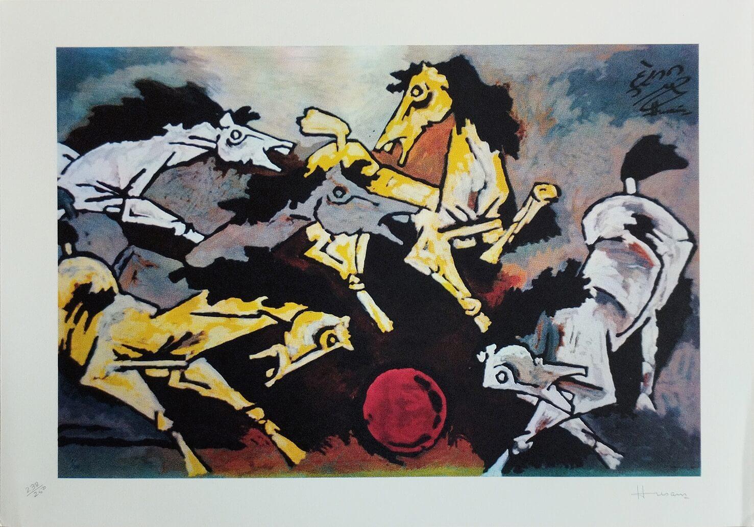 M.F. Husain - Pferd - 14 x 20 Zoll (ungerahmtes Format)
Serigrafie auf Papier, Auflage 238/250
( Ungerahmt & Geliefert )

MF Husain, weltbekannter Künstler, ist für verschiedene seiner Serien berühmt, aber Ganeshas sind ein enger Favorit von ihm,