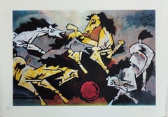 Horse Series, Serigraph on Paper, White, Yellow by Modern Artist M.F. Husain