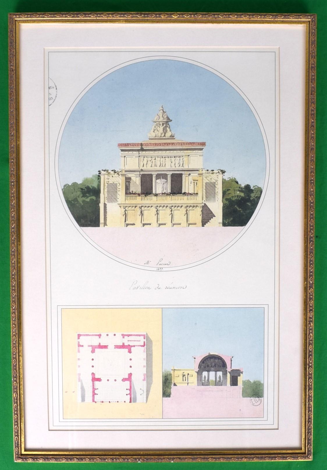 Classic hand-colour architectural plate depicting the pavillon de reunion par M Faccard 1837 in a gilt frame

Print Sz: 19"H x 11 1/2"W

Frame Sz: 22 1/4"H x 15"W

The Pavillon de La Réunion was a pavilion of the Jardin tropical de Paris, in the