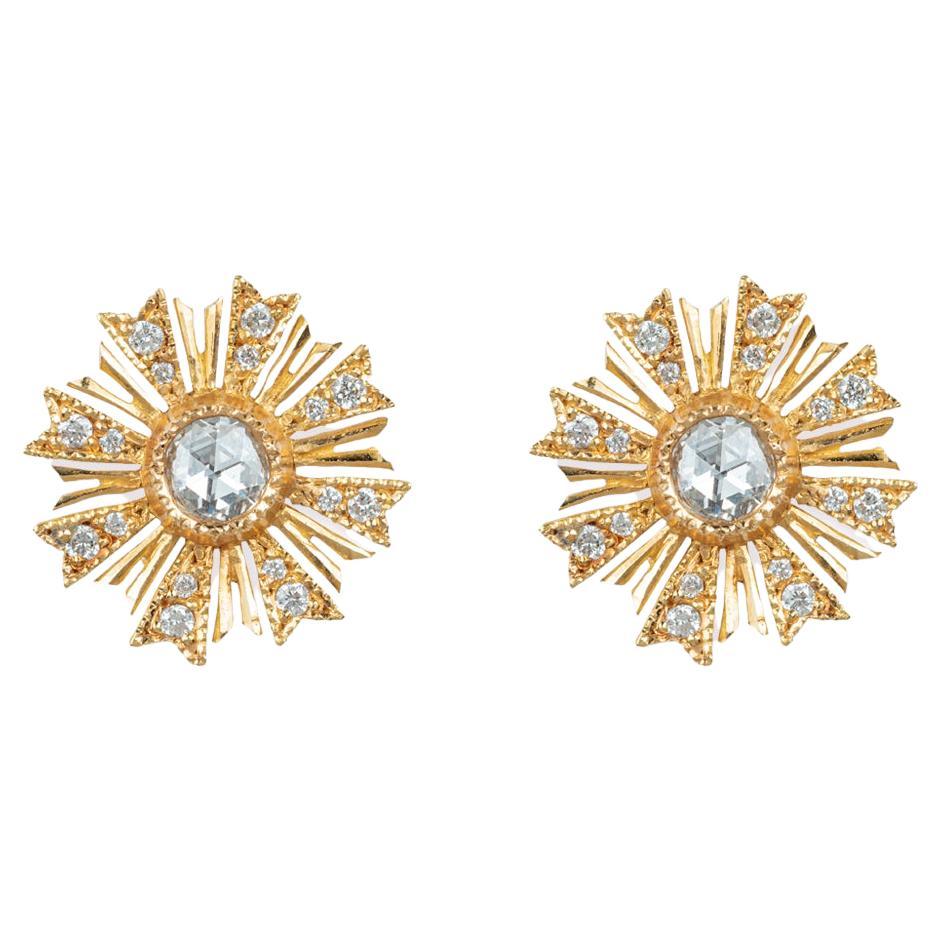 Designed "Sun Beams" Gold & Diamond Earrings For Sale