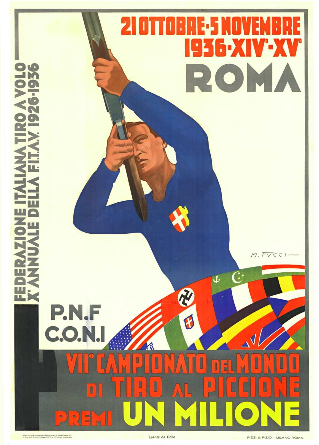 M. Fucci Portrait Print – Originales Vintage-Sportplakat „Campionato del Mondo, Tiro al Piccione“