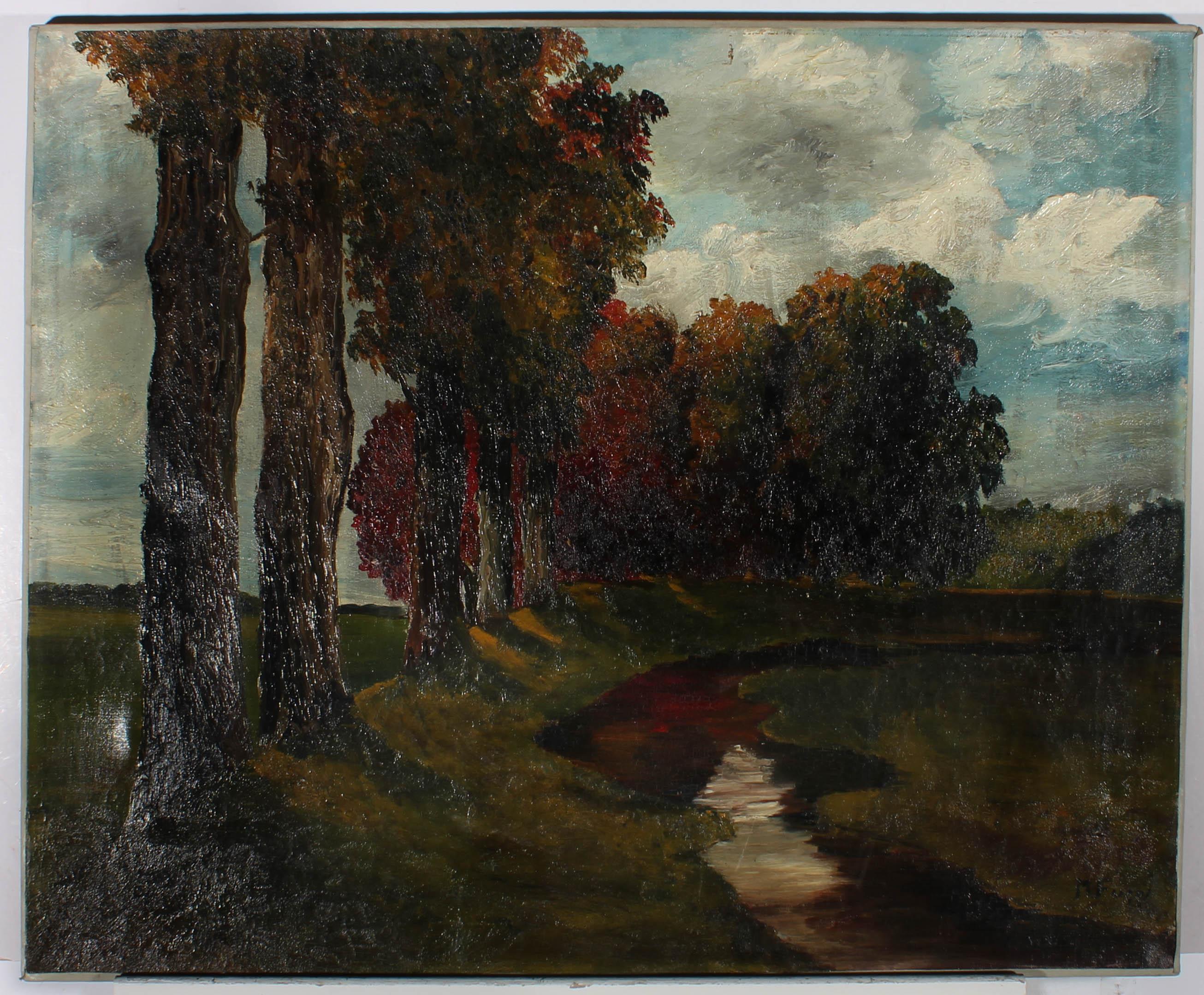 A rich and colourful impasto landscape of leafy autumnal trees in hues of burnt red and orange. The painting is signed to the lower right-hand corner. On canvas on stretchers.
