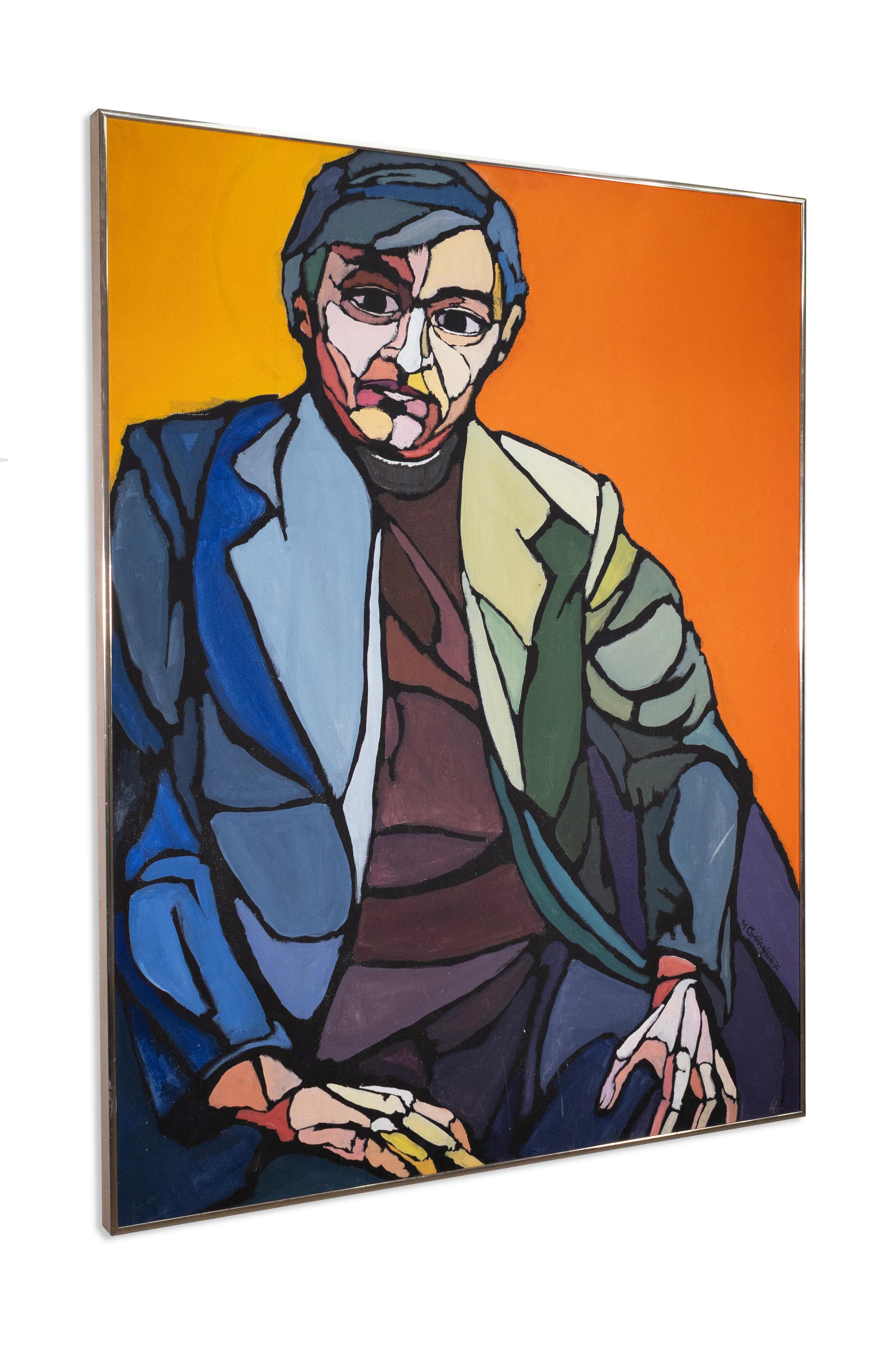 Dieses markante Porträt aus dem 20. Jahrhundert zeigt eine sitzende männliche Figur, die in einem kühnen, postmodernen Stil mit gebrochenen Formen und kontrastreichen Farben dargestellt ist. Signiert und datiert 1971 unten rechts. Die in leuchtendem
