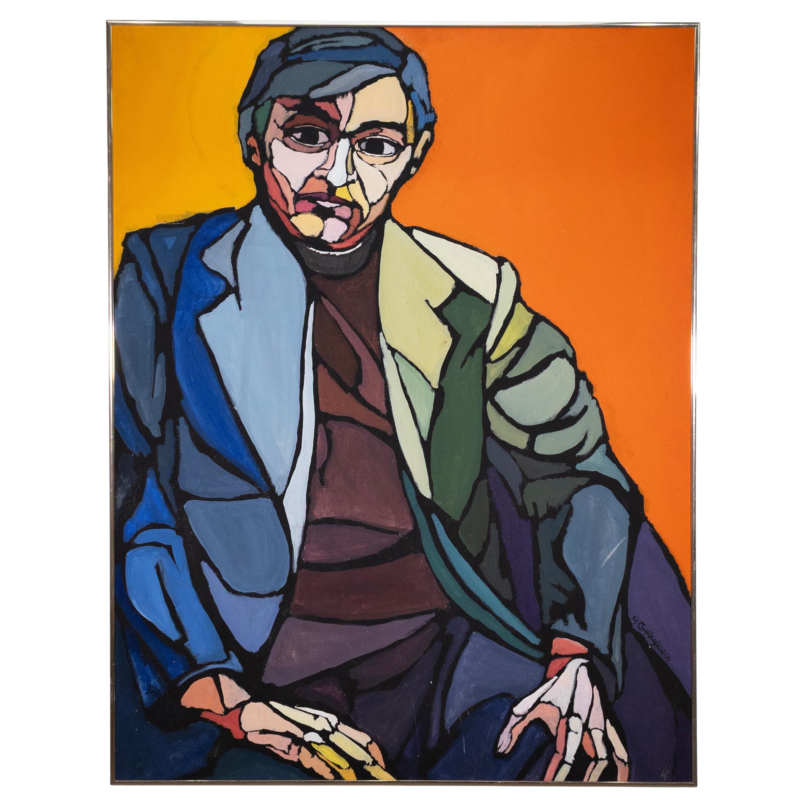 M. Gallagher Postmodern Portrait Signé 1971 Peinture acrylique sur toile
