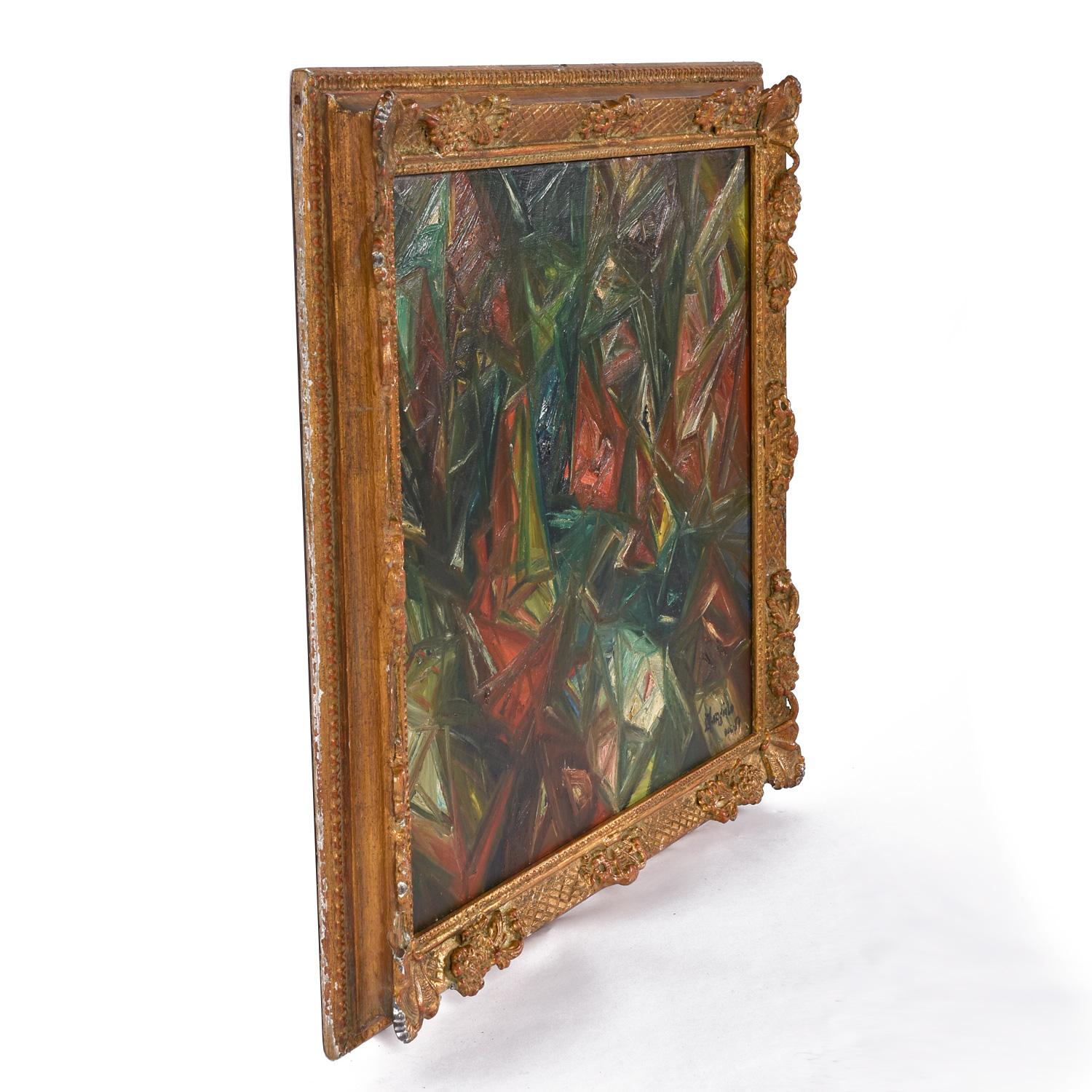 Quadro cubista astratto ad olio su tela con elaborata cornice in legno dorato. Il pezzo presenta un motivo di linee diagonali opposte che creano un motivo frattale triangolare. Sebbene sia legato alla geometria, il metodo è pittorico con pennellate