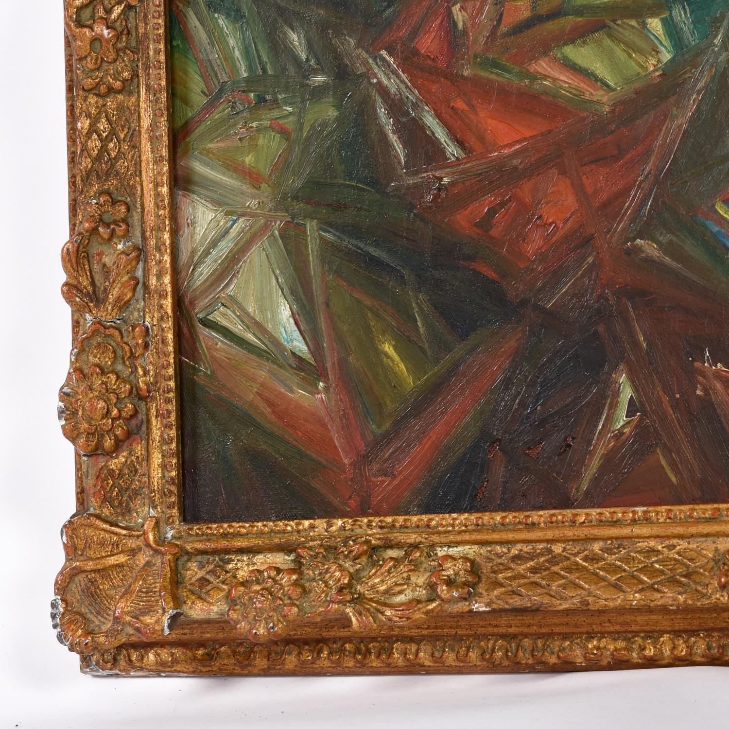 Mid-Century moderno A. Gargiulo 1959 Pittura ad olio astratta e geometrica con cornice dorata d'epoca in vendita