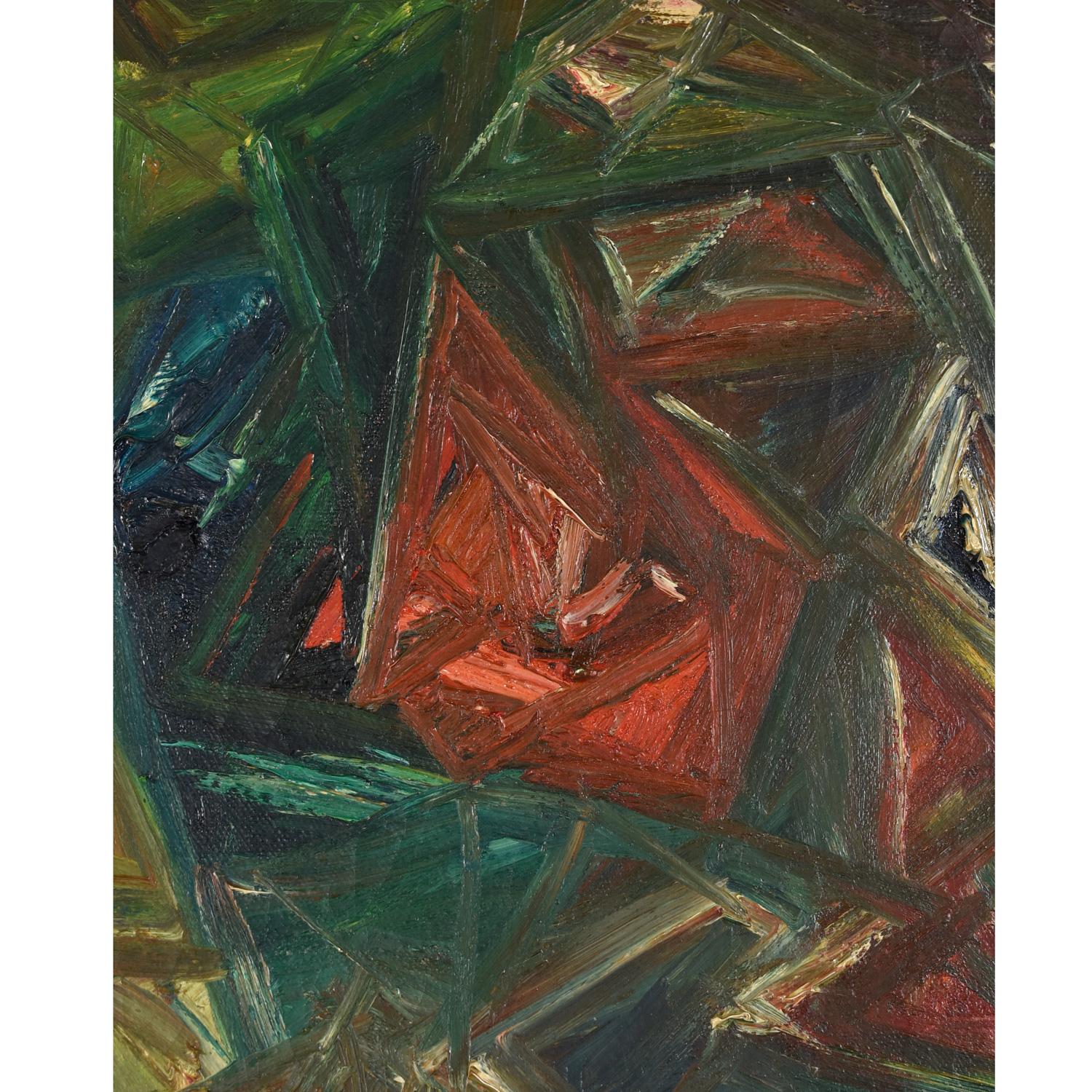 Metà XX secolo A. Gargiulo 1959 Pittura ad olio astratta e geometrica con cornice dorata d'epoca in vendita