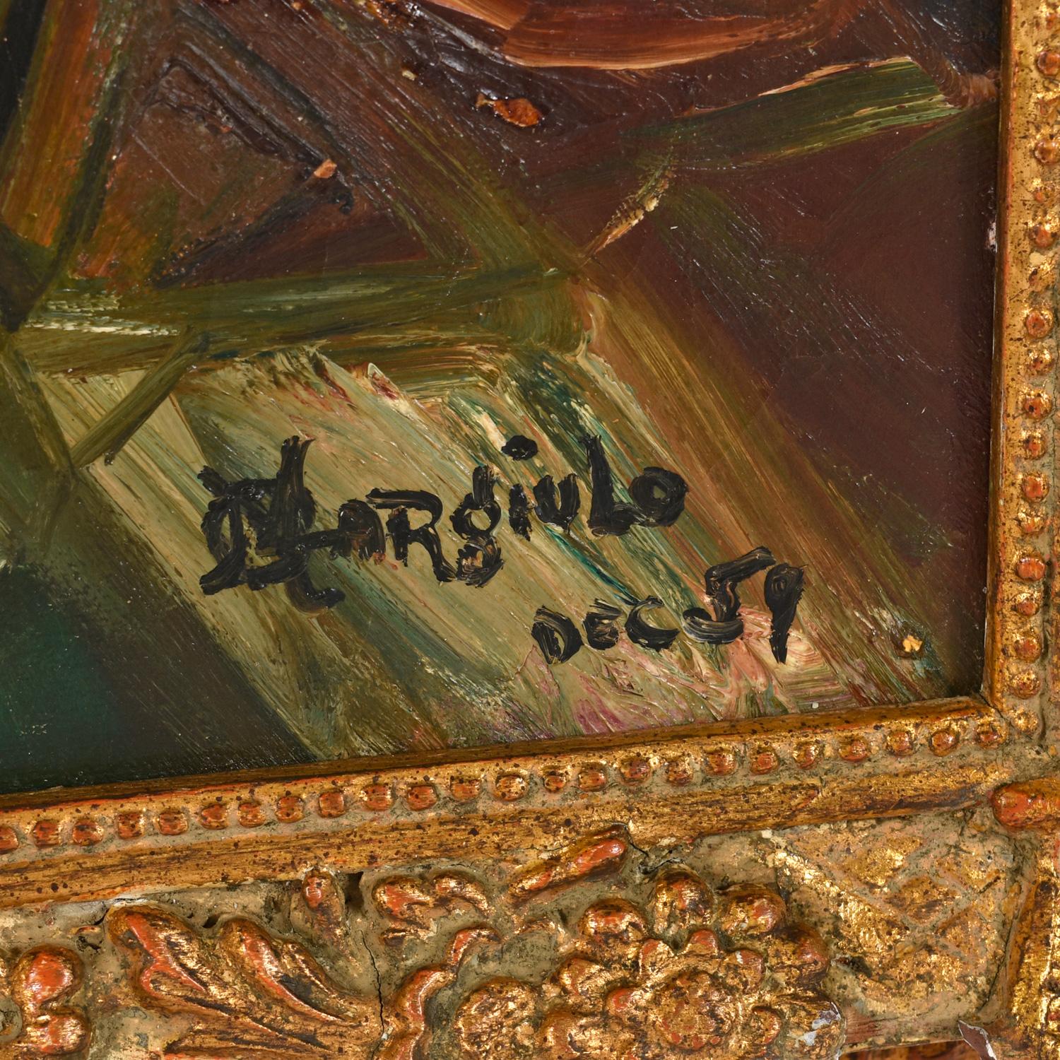 A. Gargiulo 1959 Pittura ad olio astratta e geometrica con cornice dorata d'epoca in vendita 1