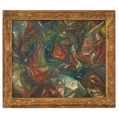 M Gargiulo 1959 Geometric Abstract Oil Painting in Ornate Vintage Gold Frame