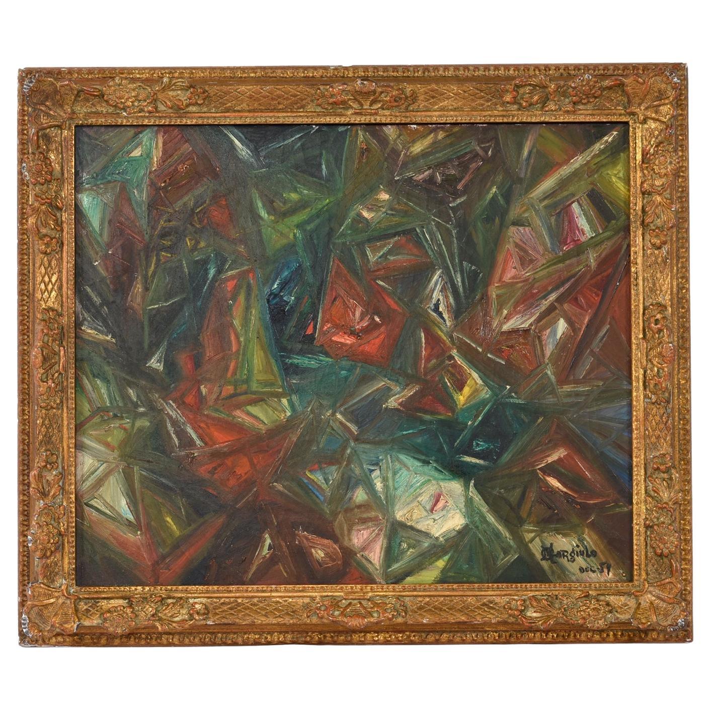 A. Gargiulo 1959 Pittura ad olio astratta e geometrica con cornice dorata d'epoca