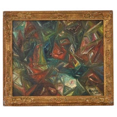 M Gargiulo 1959 Geometric Abstract Oil Painting in Ornate Vintage Gold Frame