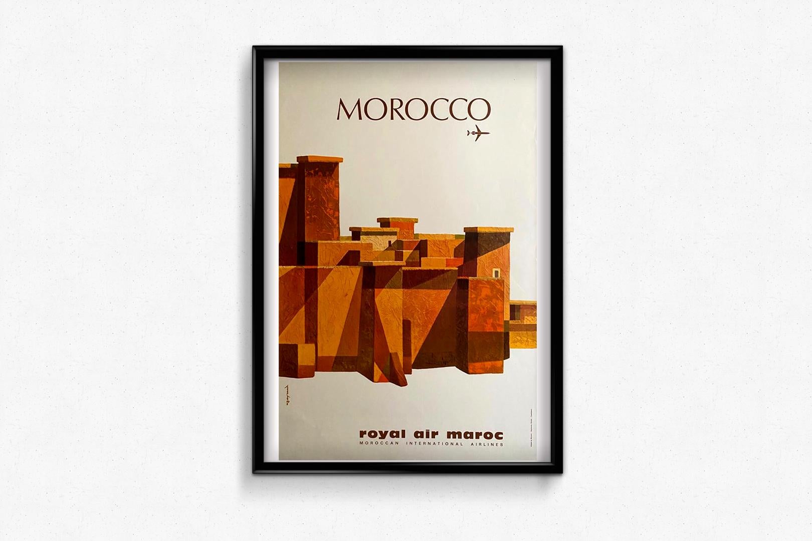 A very nice travel poster commissioned from Gayraud around the 1960s by Royal Air Maroc to promote travel to its lands.

Royal Air Maroc is a Moroccan airline founded in 1957. Its main hub is located at Mohammed-V airport in Casablanca. It serves