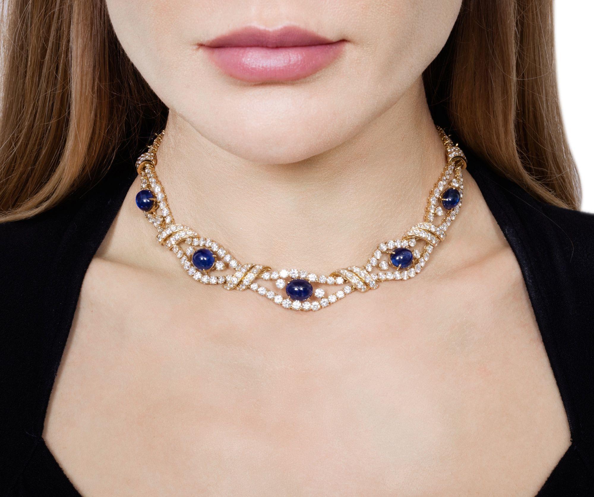 Modern M. Gerard Gold Cabochon Cut Blue Sapphire And Round Cut Openwork Collar Necklace For Sale