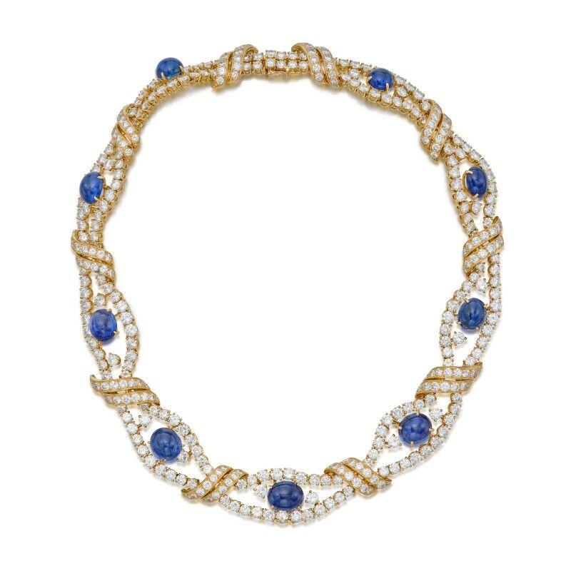 M. Gerard Gold Cabochon Cut Blue Sapphire And Round Cut Openwork Collar Necklace In Excellent Condition For Sale In New York, NY