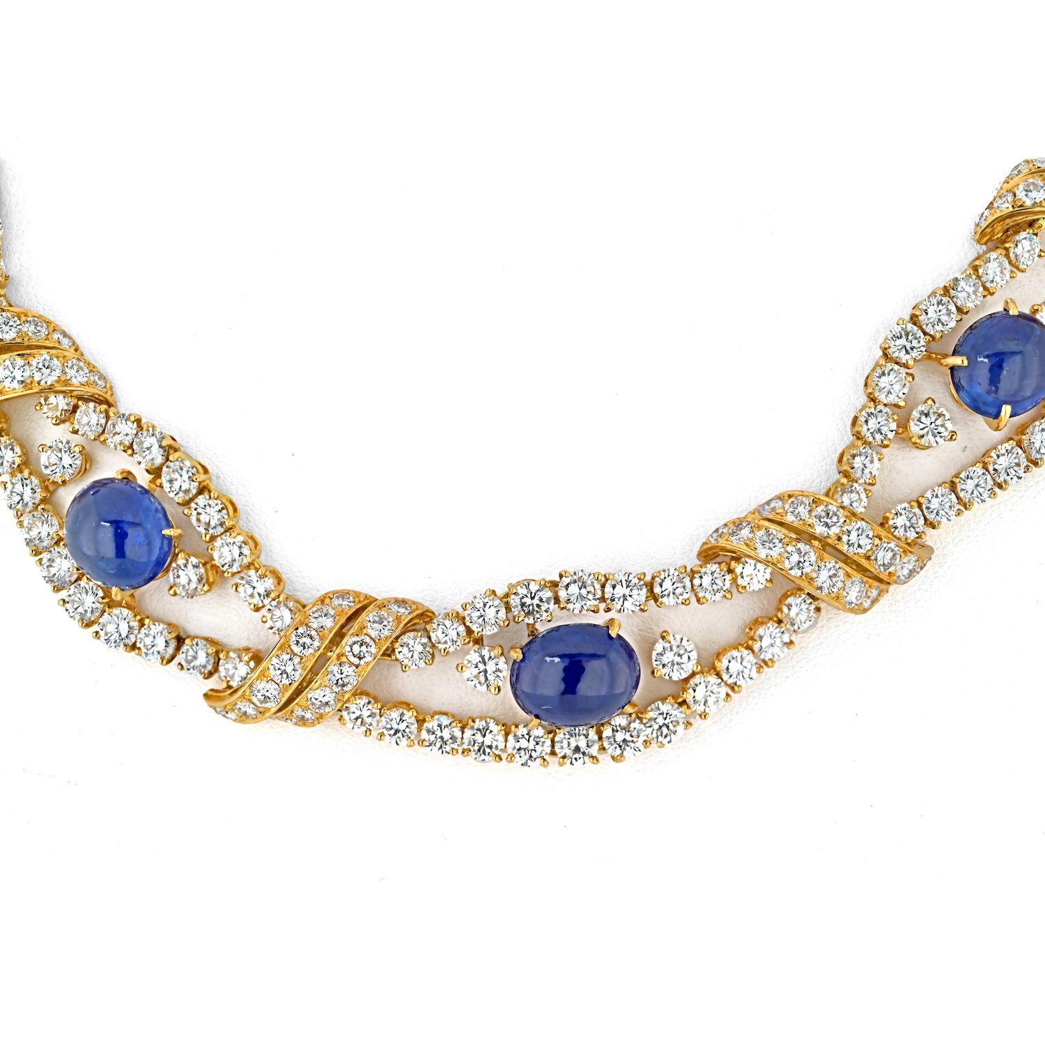 M. Gerard Gold Cabochon Cut Blue Sapphire And Round Cut Openwork Collar Necklace For Sale 1