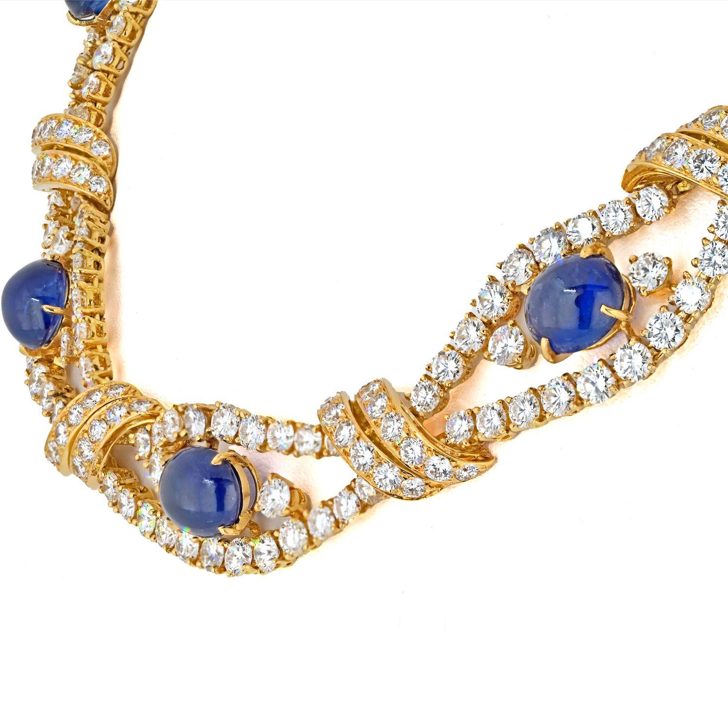 M. Gerard Gold Cabochon Cut Blue Sapphire And Round Cut Openwork Collar Necklace For Sale 2