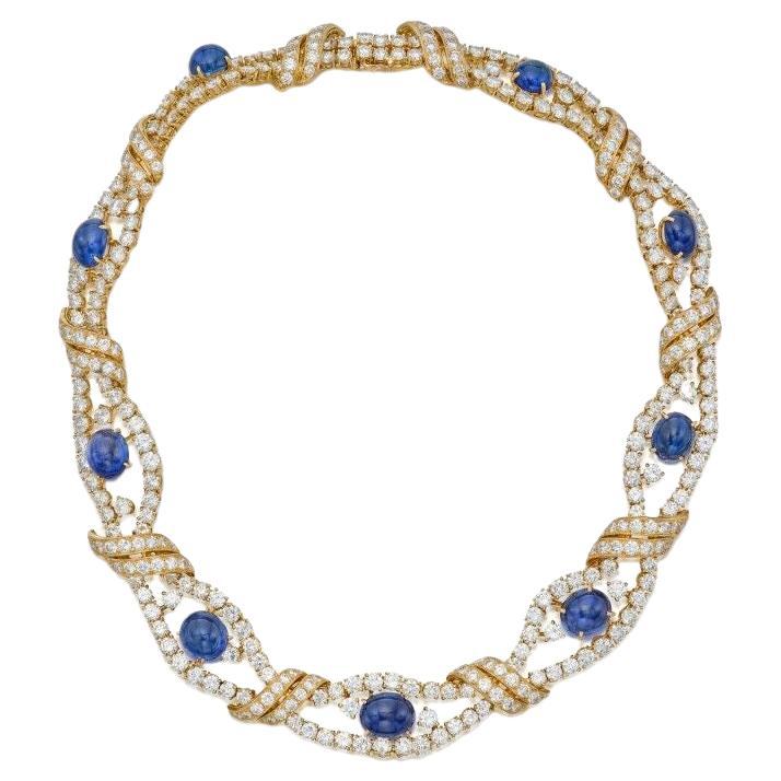 M. Gerard Gold Cabochon Cut Blue Sapphire And Round Cut Openwork Collar Necklace For Sale