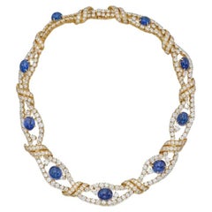 Vintage M. Gerard Gold Cabochon Cut Blue Sapphire And Round Cut Openwork Collar Necklace