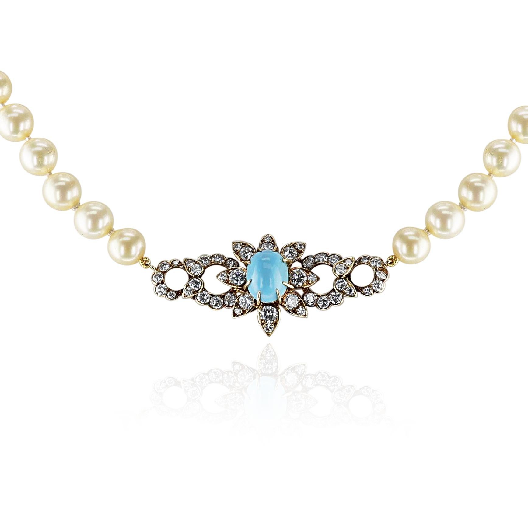M. Gérard Paris Turquoise, Pearl, & Diamond, 18k Earrings + Necklace Set For Sale 6