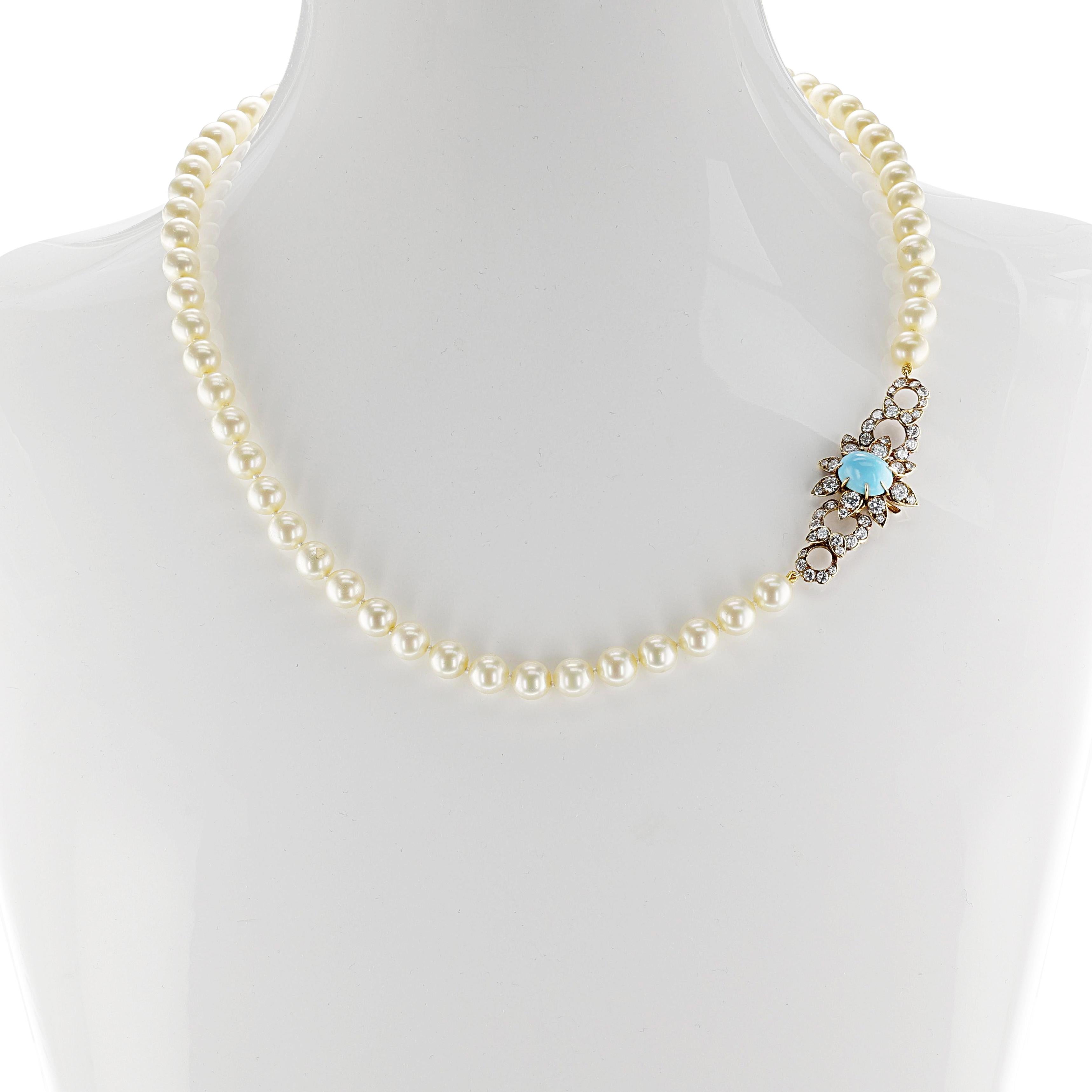 M. Gérard Paris Turquoise, Pearl, & Diamond, 18k Earrings + Necklace Set For Sale 7