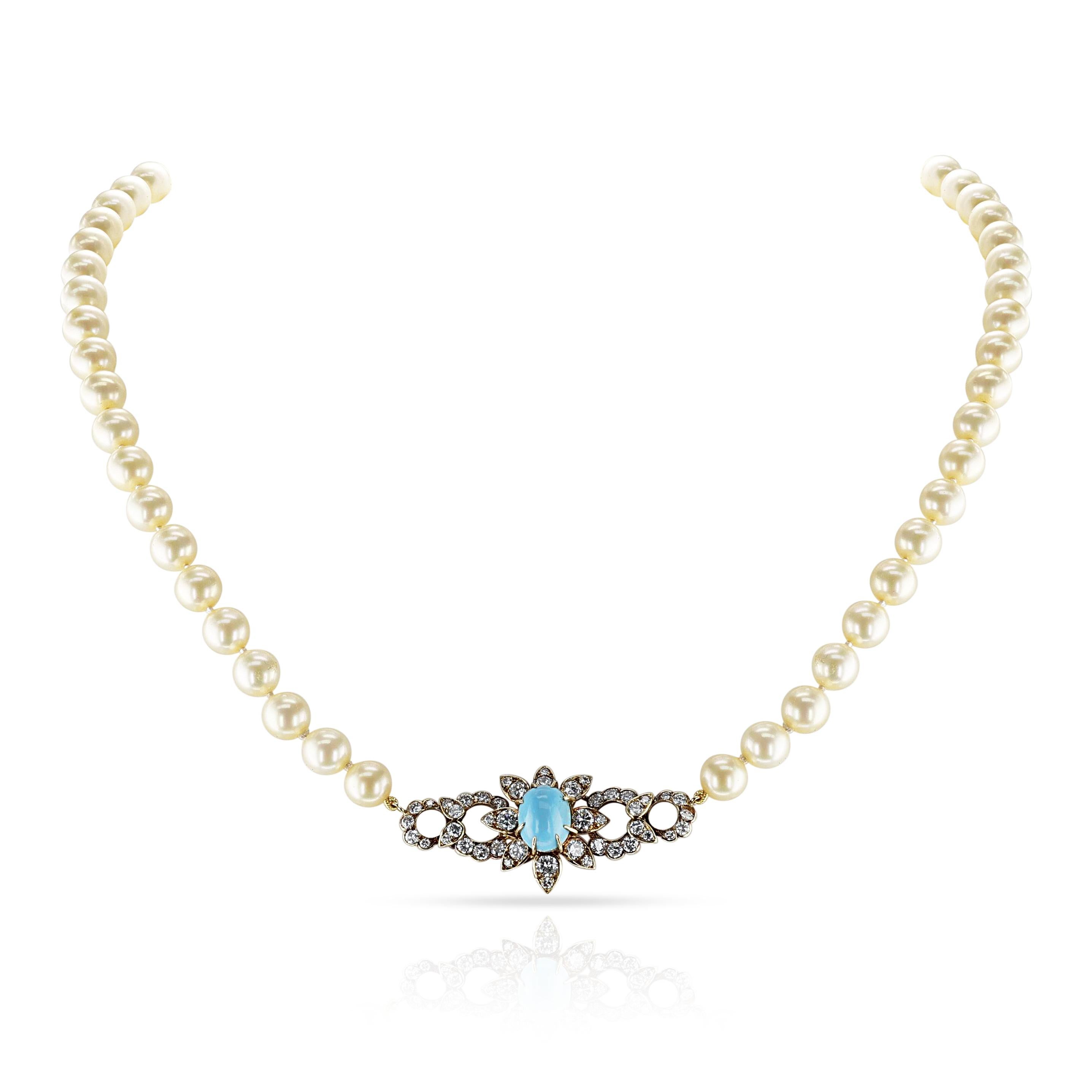 Round Cut M. Gérard Paris Turquoise, Pearl, & Diamond, 18k Earrings + Necklace Set For Sale