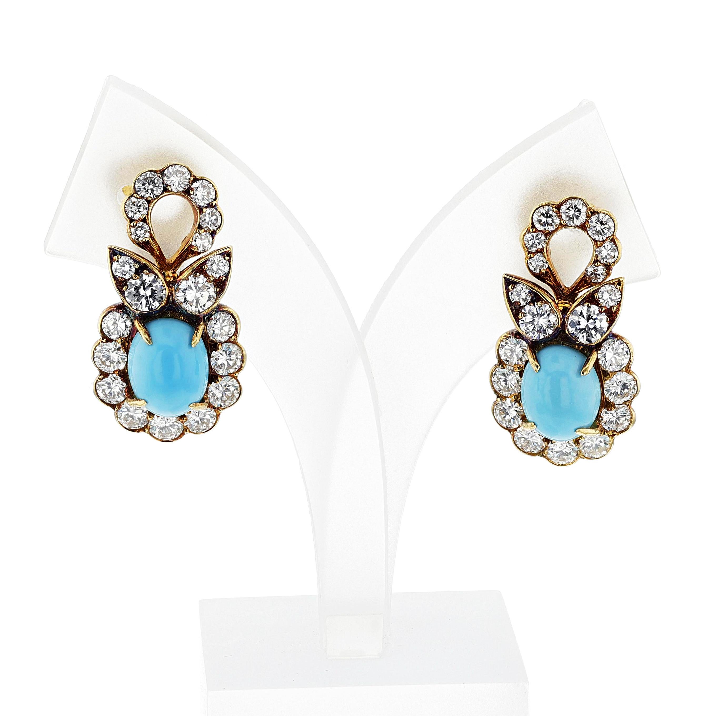 M. Gérard Paris Turquoise, Pearl, & Diamond, 18k Earrings + Necklace Set In Excellent Condition For Sale In New York, NY