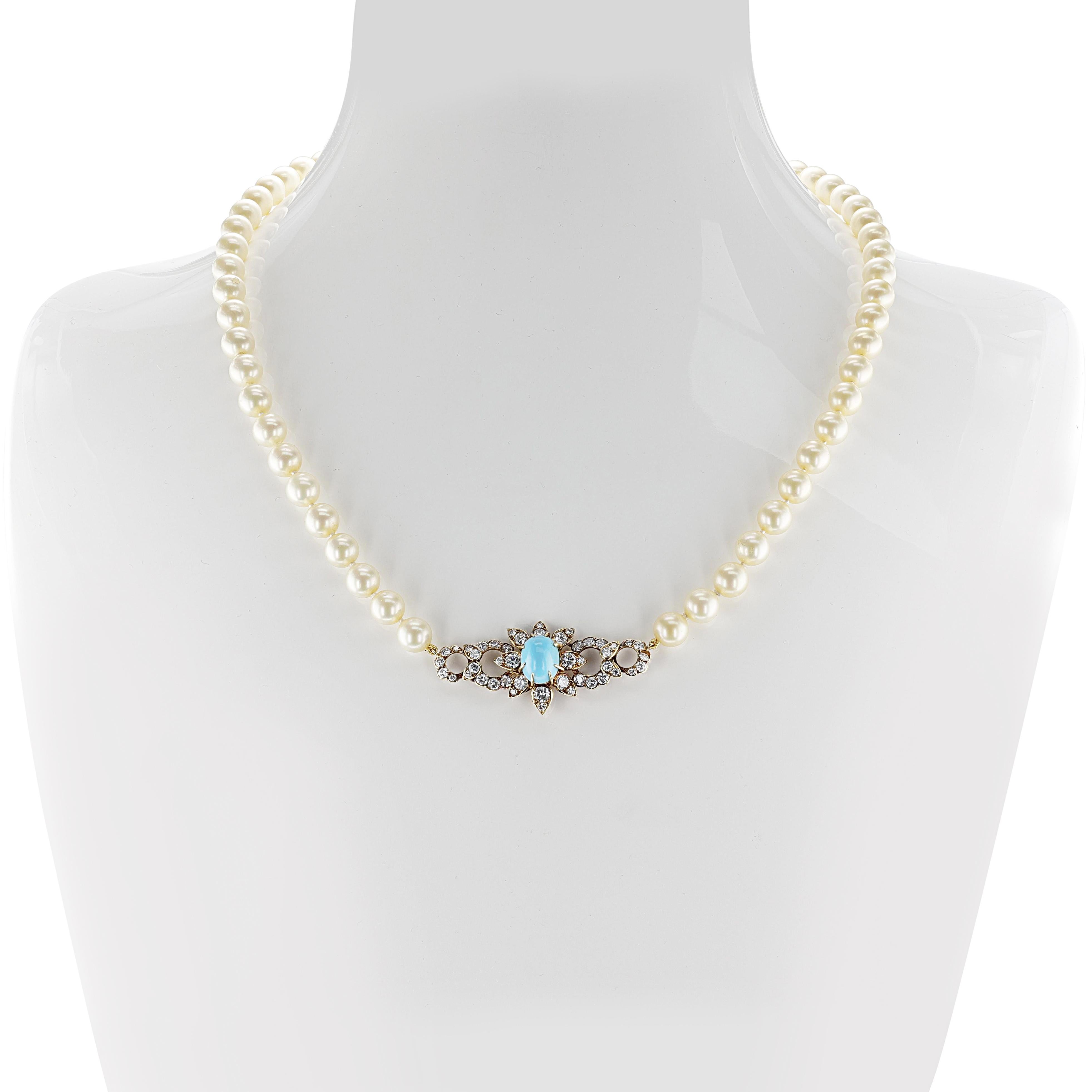 Women's or Men's M. Gérard Paris Turquoise, Pearl, & Diamond, 18k Earrings + Necklace Set For Sale