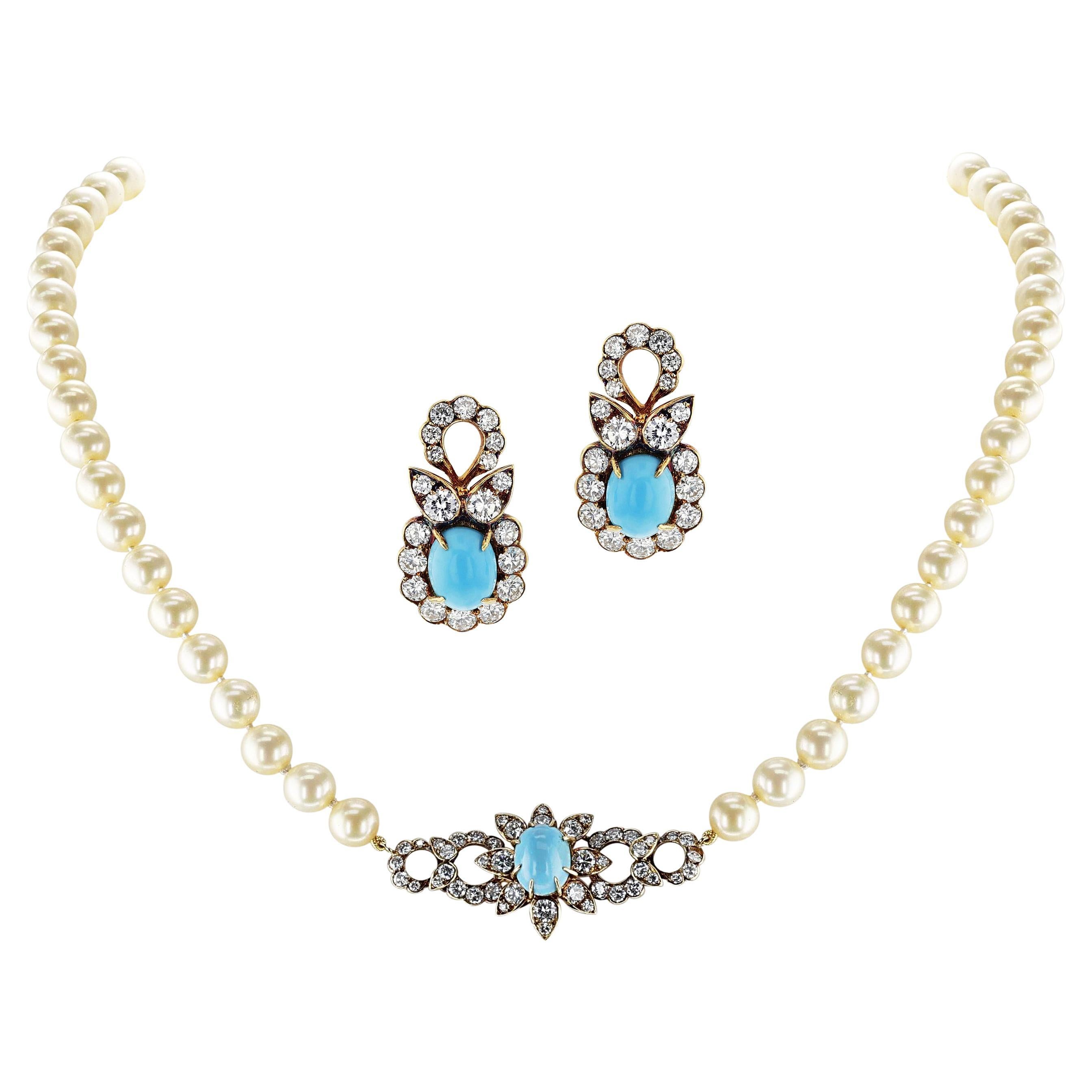 M. Gérard Paris Turquoise, Pearl, & Diamond, 18k Earrings + Necklace Set