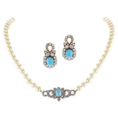 M. Gérard Paris Turquoise, Pearl, & Diamond, 18k Earrings + Necklace Set
