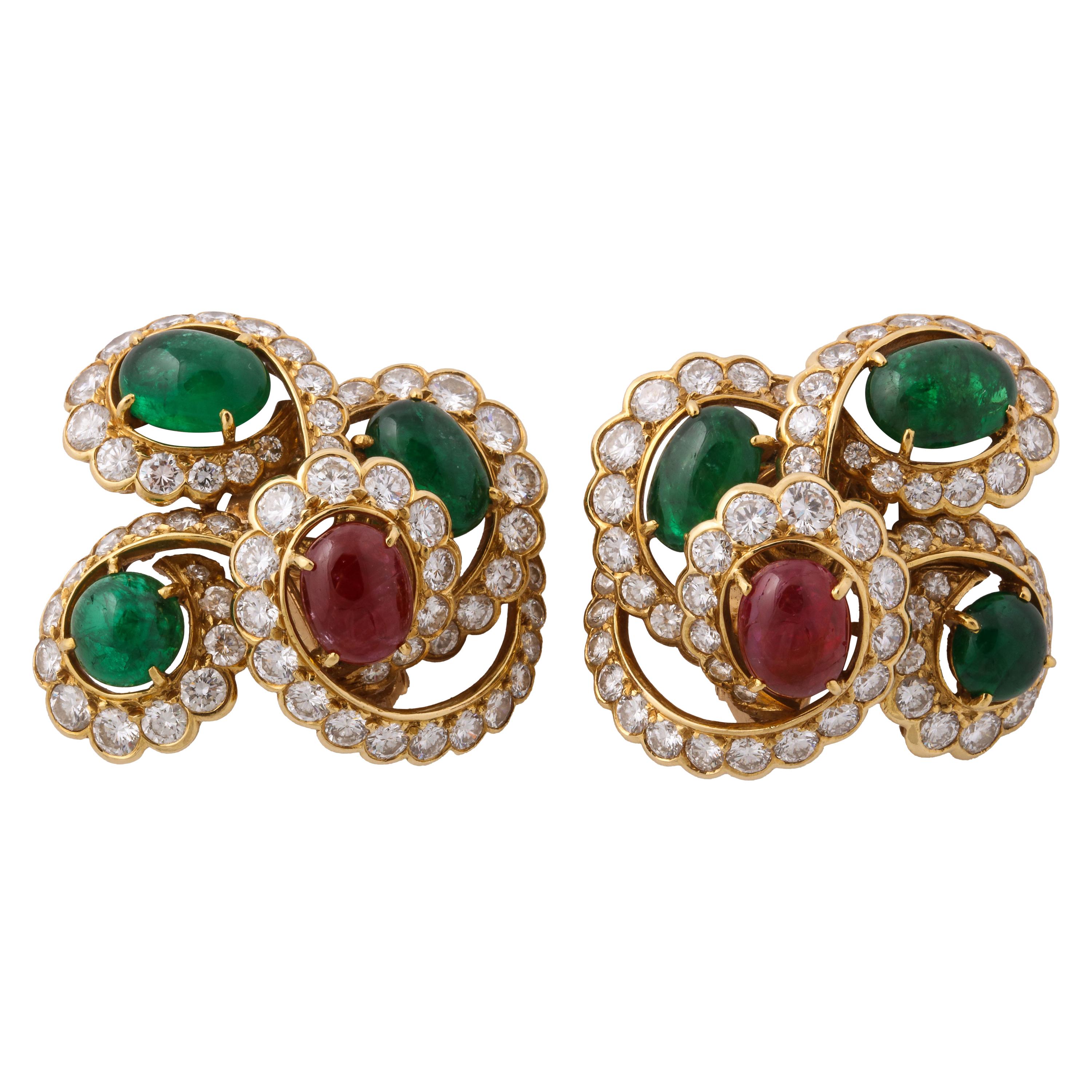 M. Gerard Ruby Emerald Diamond Yellow Gold Clip On Earrings