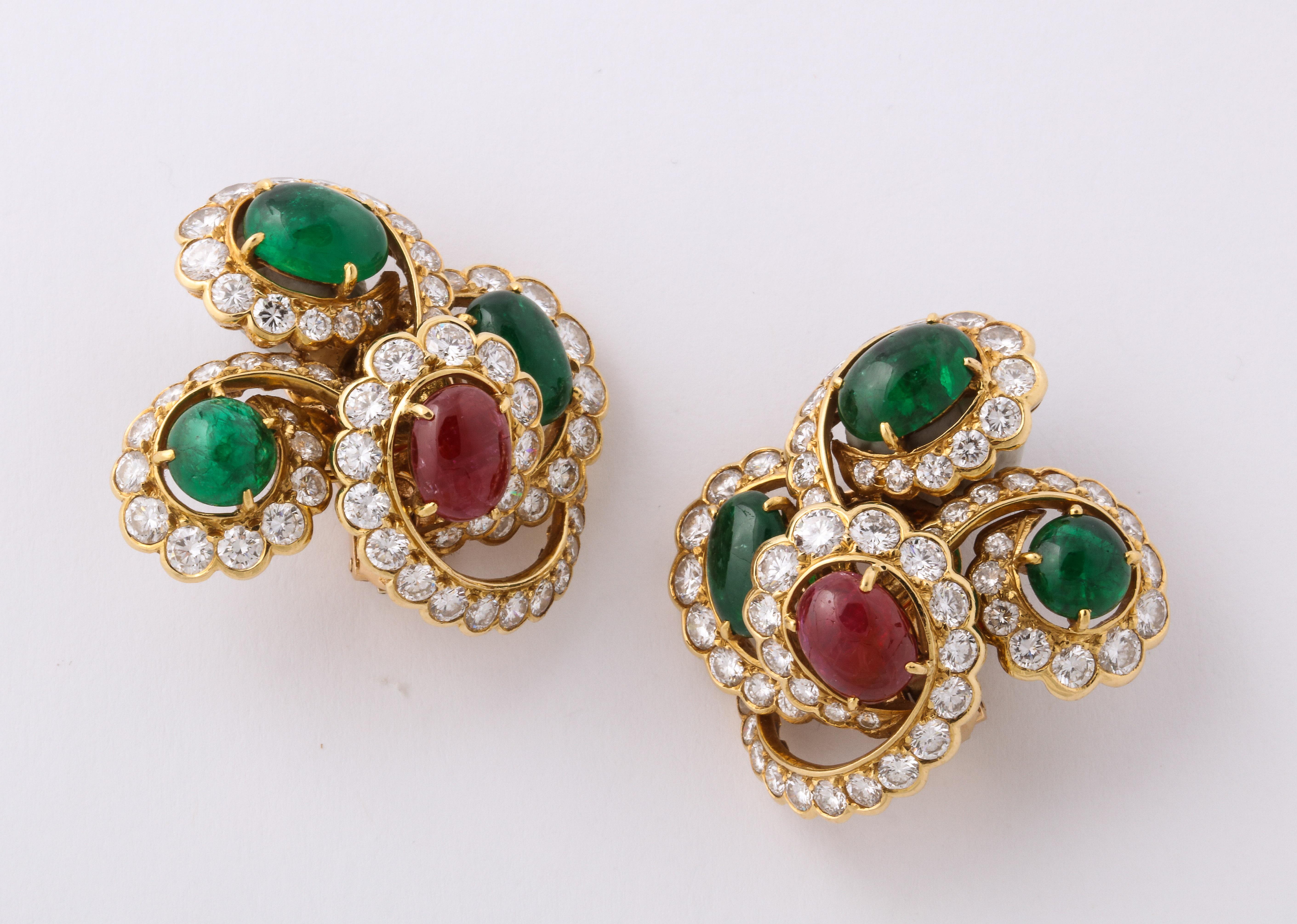 M. Gerard Ruby Emerald Diamond Yellow Gold Clip on Earrings.  18K Yellow Gold 33 grams, 6 emerald cabochons @ 2.40 cts., 2 ruby cabochons @ 1.20 cts. 120 full cut diamonds @ 3.0 cts. Marked M Gerard CST213 OR ,  1  1/2