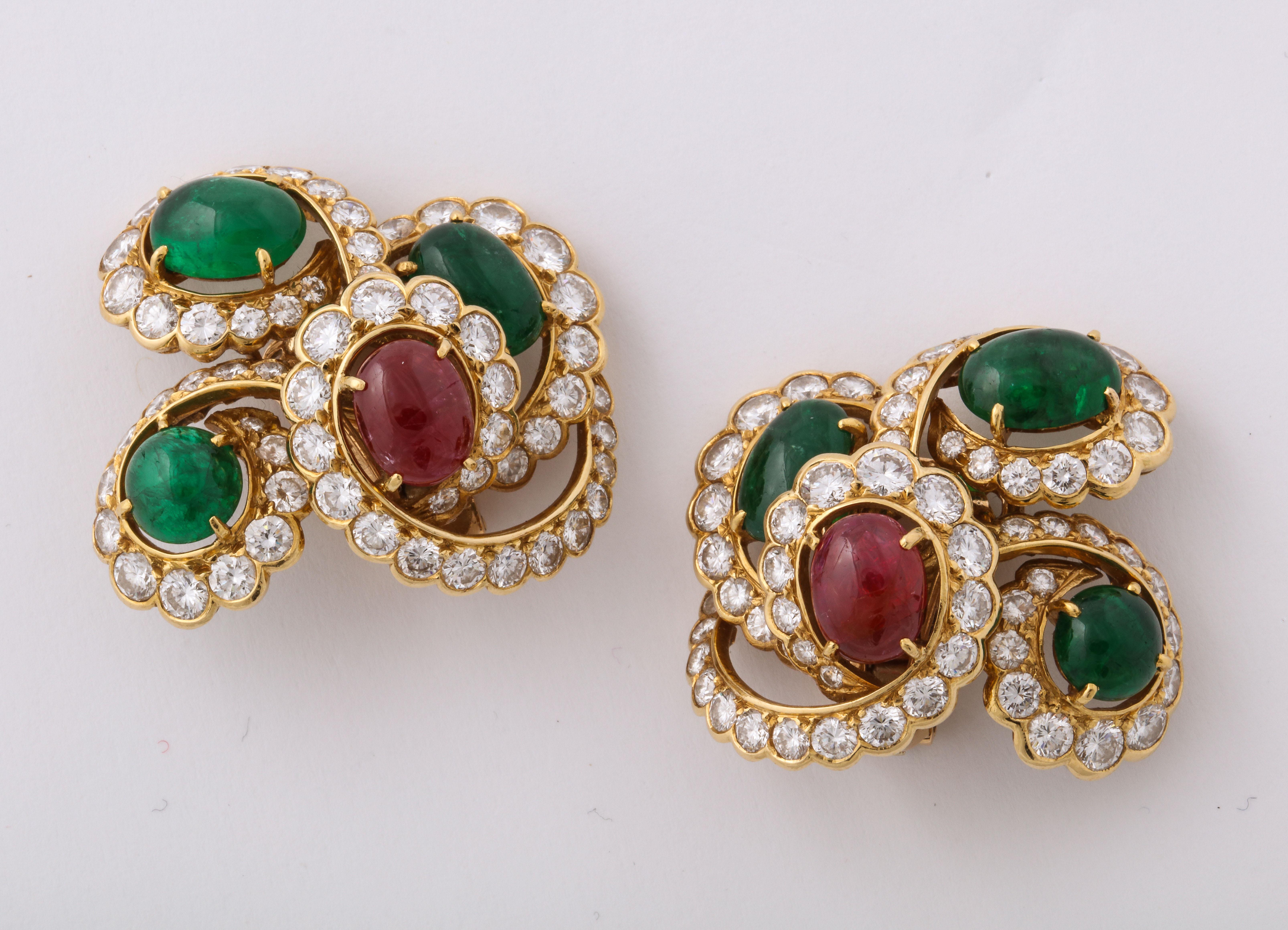 M. Gerard Ruby Emerald Diamond Yellow Gold Clip On Earrings 2