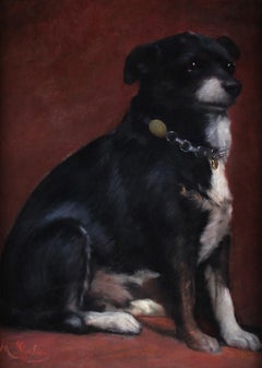 Óleo francés sobre lienzo " retrato de perro con collar " s. XIX