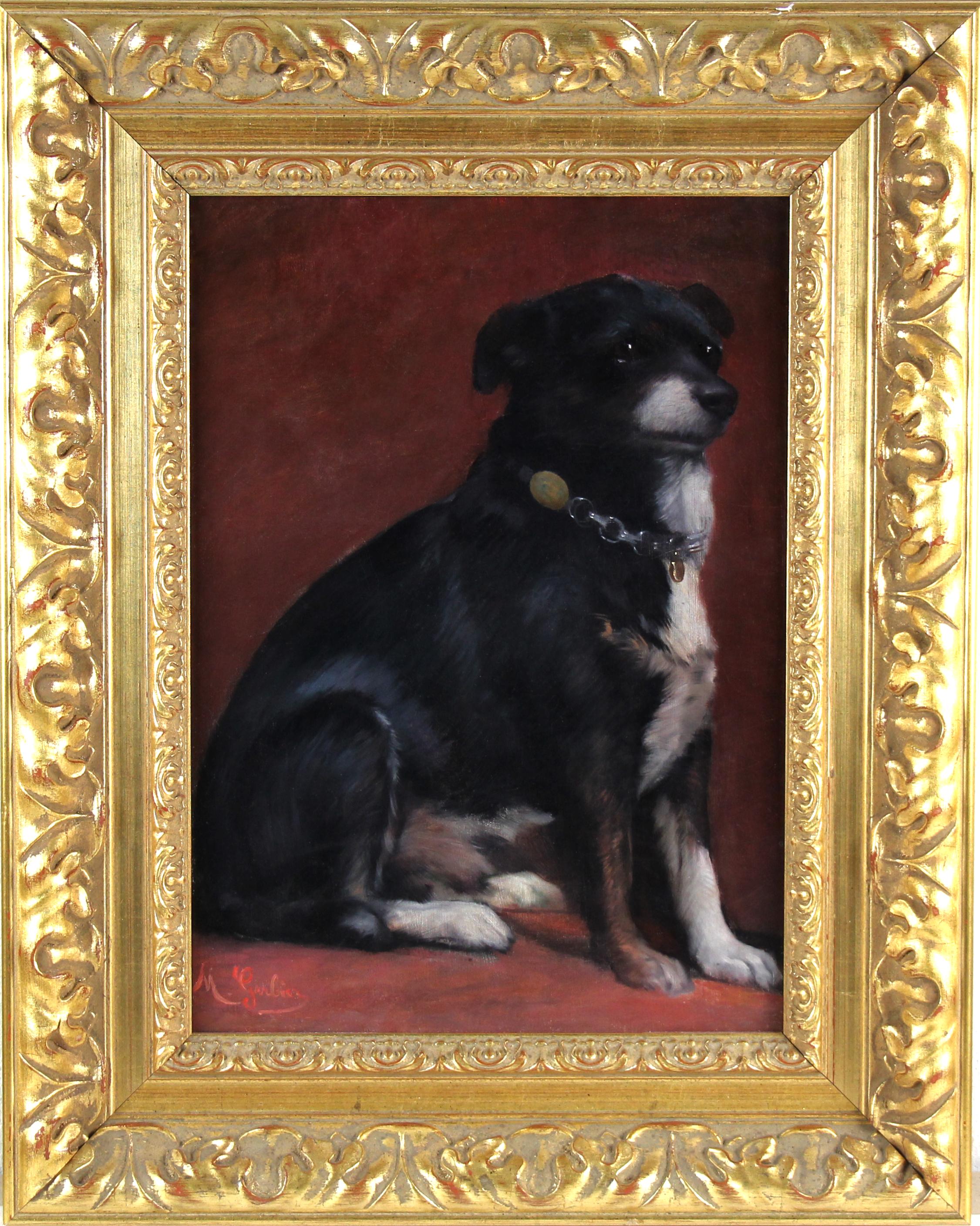 Französisches Ölgemälde auf Leinwand " Porträt eines Hundes mit Halsband " 19Th C