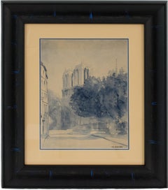 Peinture à l'aquarelle bleue de la cathédrale Notre Dame de Paris de M. Godier