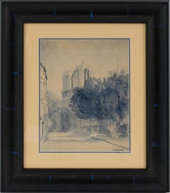 Notre Dame de Paris Cathedral Blue Watercolor Painting by M. Godier