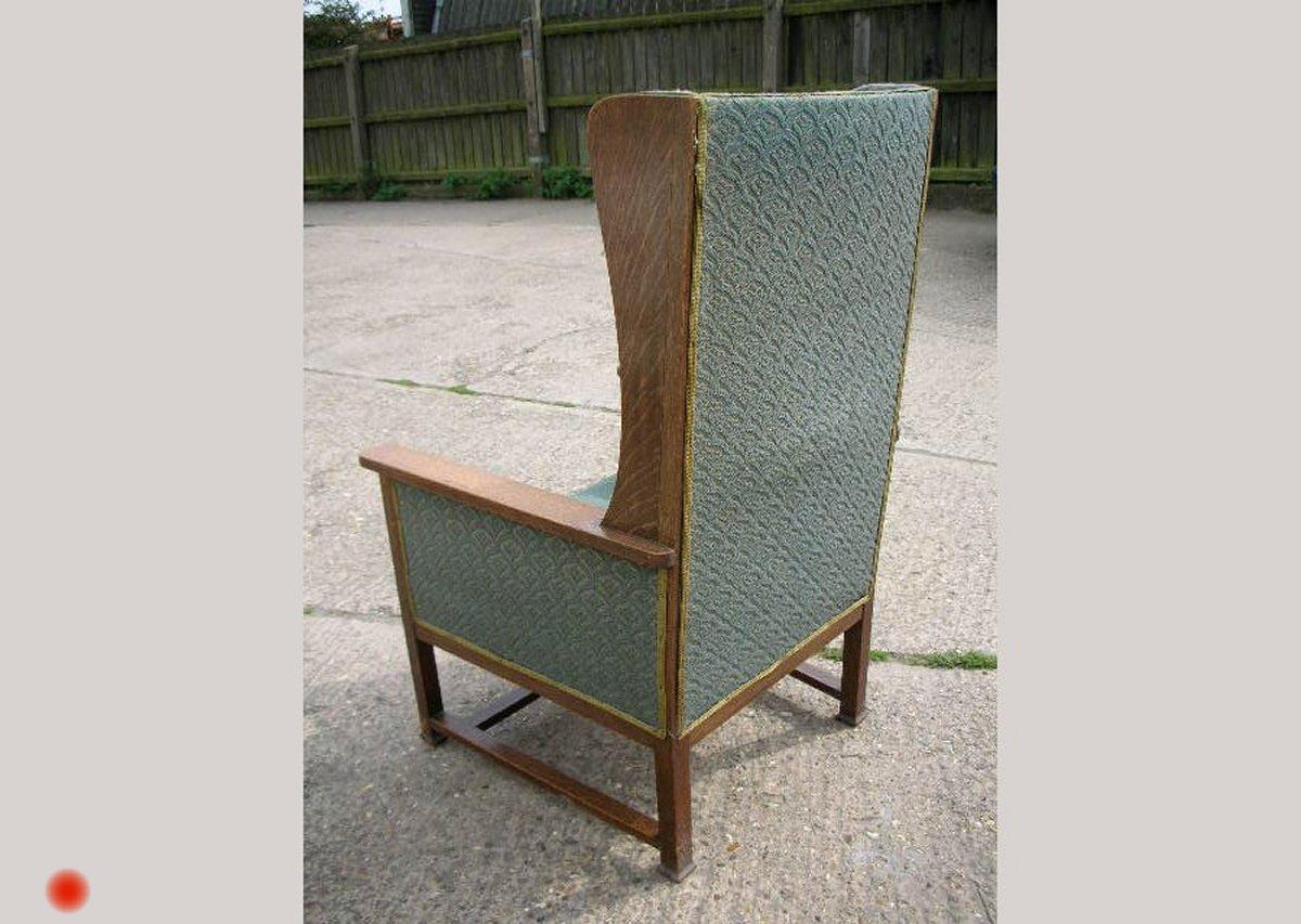 English M H Baillie Scott. Arts & Crafts Oak Armchair with Chequer Inlays To The Arms For Sale