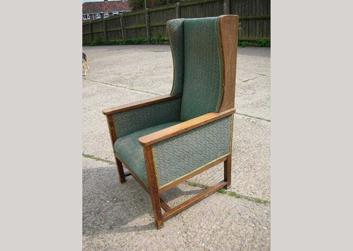 Hand-Crafted M H Baillie Scott. Arts & Crafts Oak Armchair with Chequer Inlays To The Arms For Sale