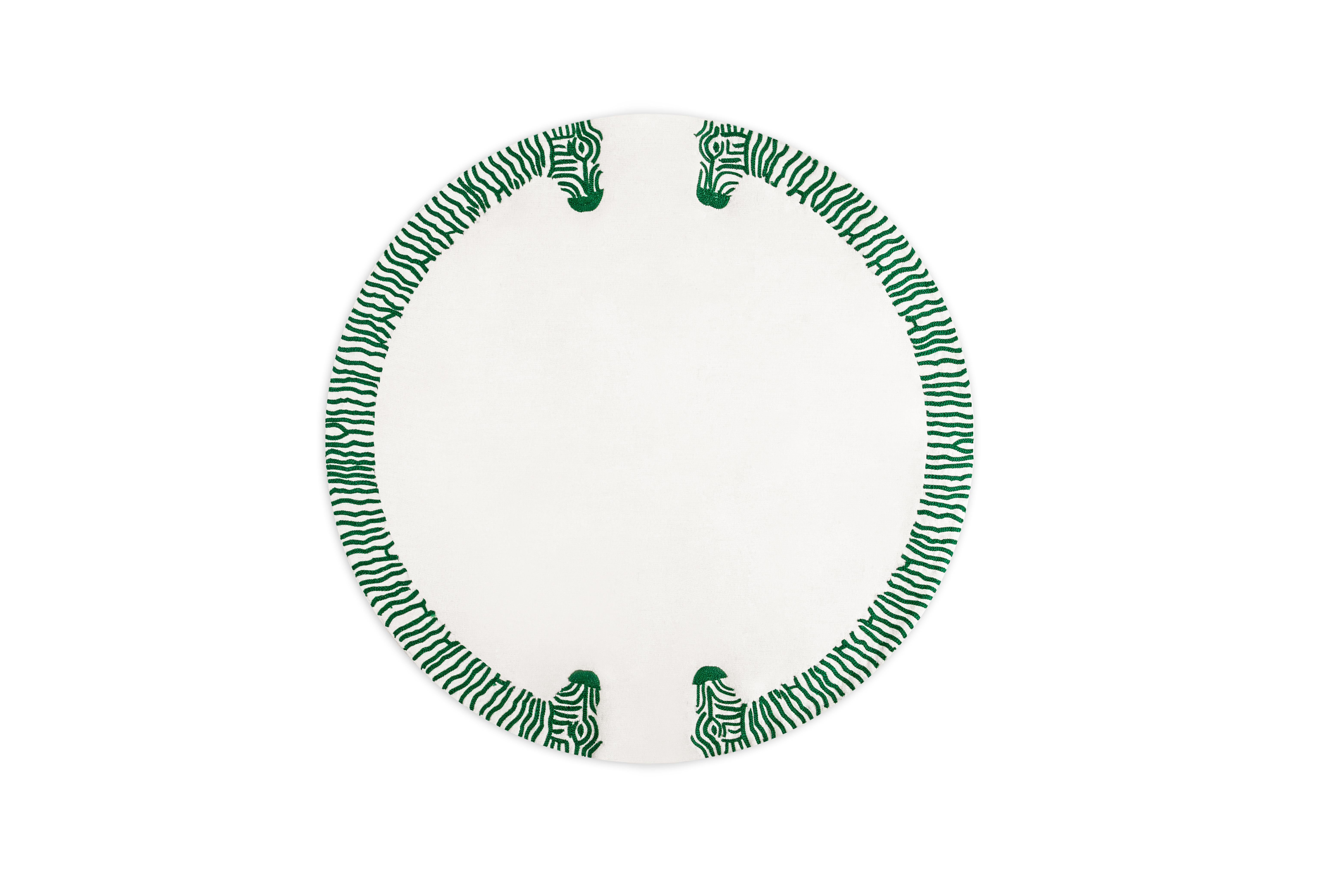 A couplet of double headed zebras come together in the all hand embroidered Les Roux Placemat. Using a traditional Indian Aari embroidery 
technique, each stripe showcases the emblematic zebra pattern.