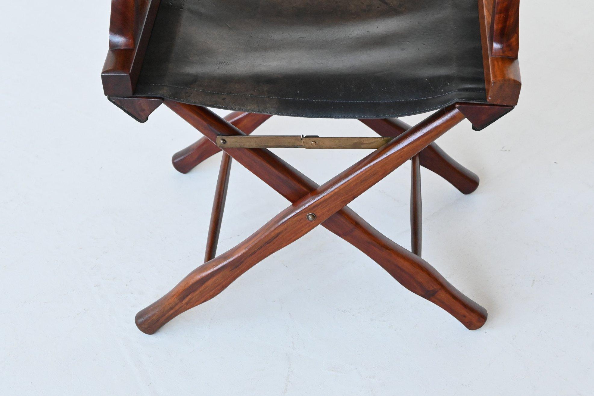 Mid-20th Century M. Hayat and Bros Director folding chair in walnut and leather Pakistan 1960