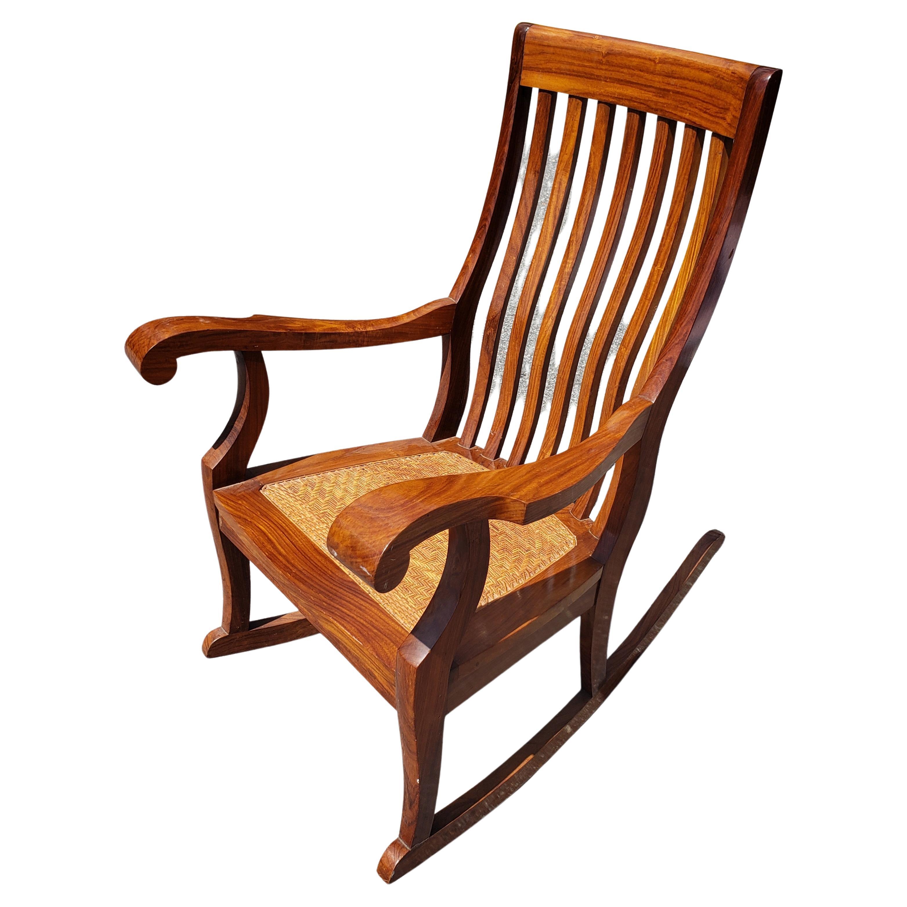 M. Hayat & Brothers Anglo-Indian Hardwood Woven Wicker Seat Rocking Chair For Sale