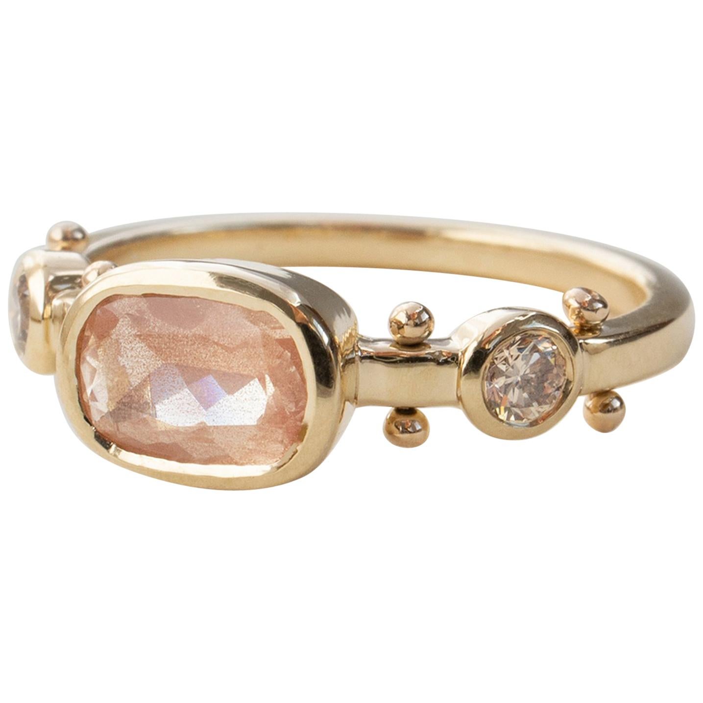 M. Hisae Cushion Sunstone & Champagne Diamond Trinity Ring For Sale