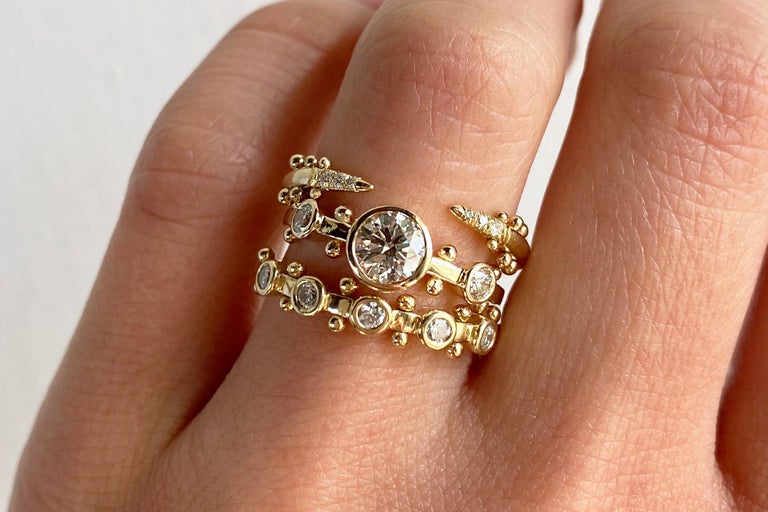 Round Cut M. Hisae White Diamond Trinity Engagement Ring For Sale