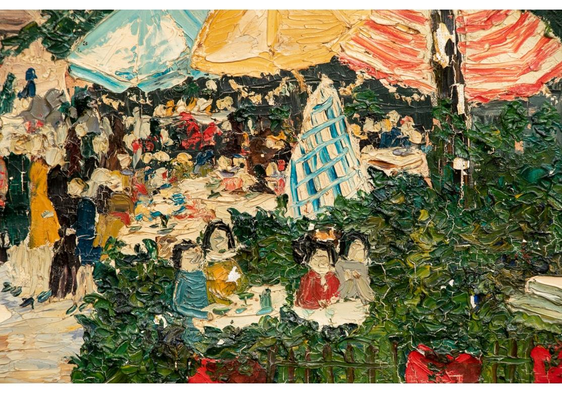 Mid-Century Modern Huile sur toile du milieu du siècle, Scène de rue française avec marché, de M. Hofman en vente