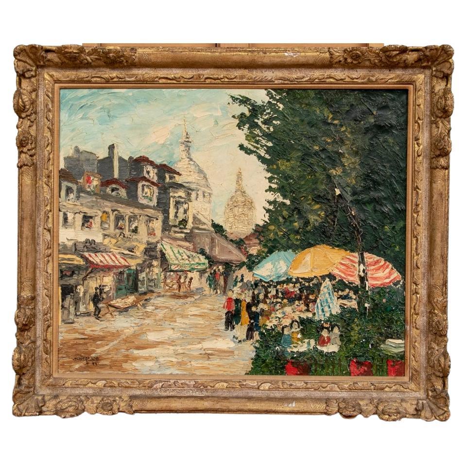 Huile sur toile du milieu du siècle, Scène de rue française avec marché, de M. Hofman