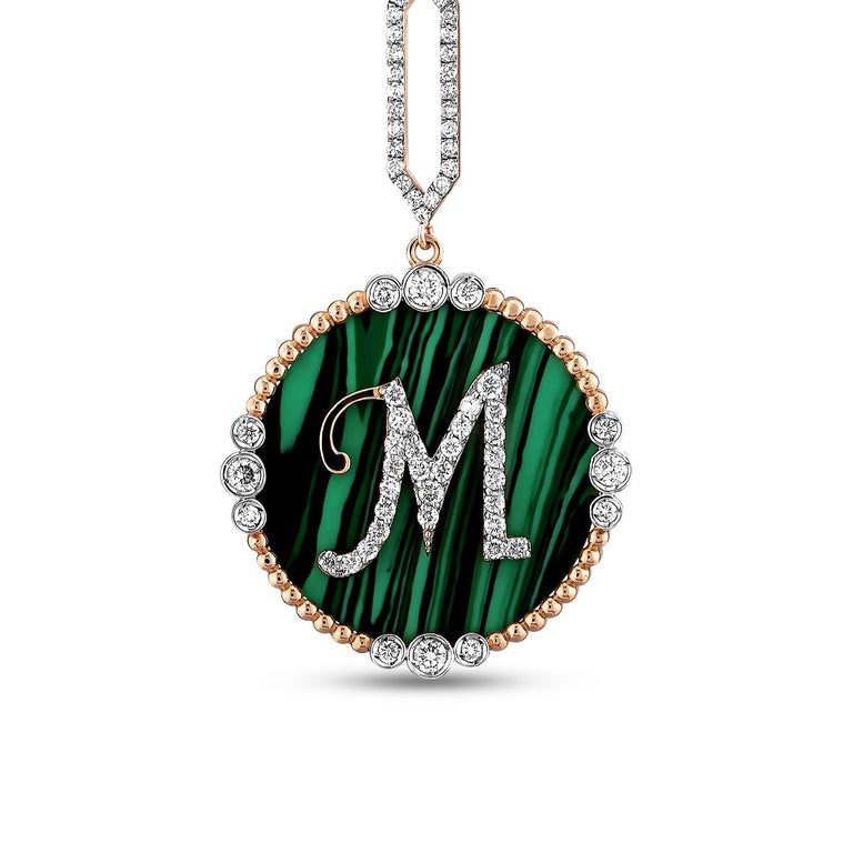 M Initial Large Charm Diamond Necklace Yellow Gold For Sale at 1stDibs